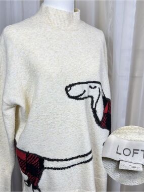 LOFT Cream Sweater with Red & Black Dachsund Motif size large dog mom plaid vet